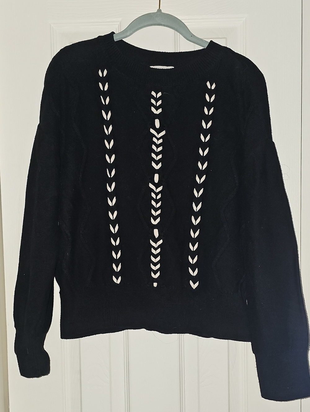 LOFT Black Crewneck Sweater with White Ladder Stitch Detail